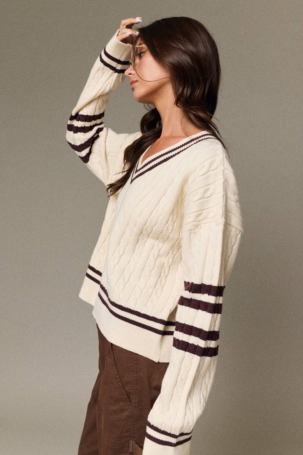 Cable Knit V-Neck Varsity Sweater (PRE🤍ORDER)