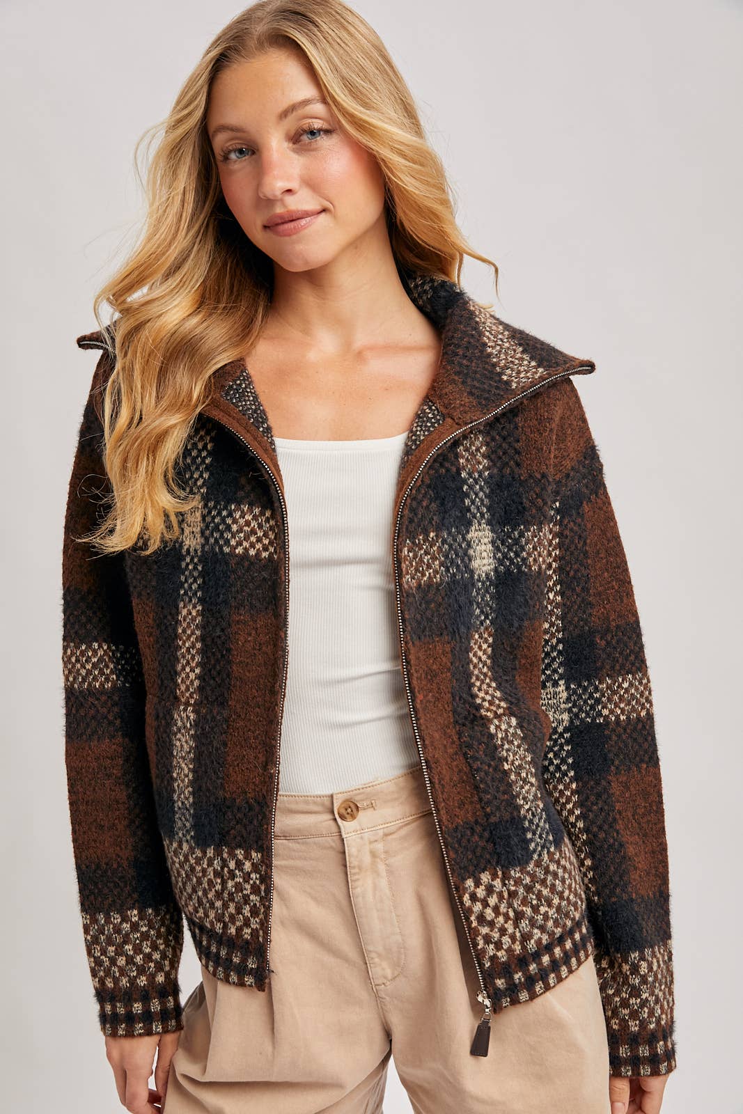 PLAID ZIPPER FRONT WIDE COLLAR FUZZY KNIT SWEATER JACKET