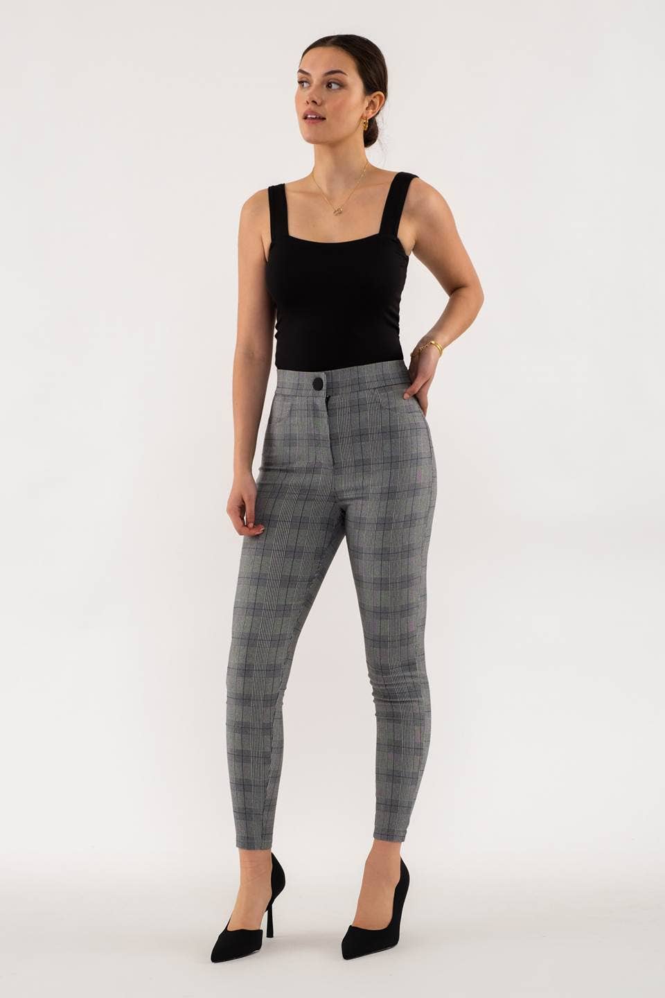 HIGH WAIST PLAID SKINNY PANTS