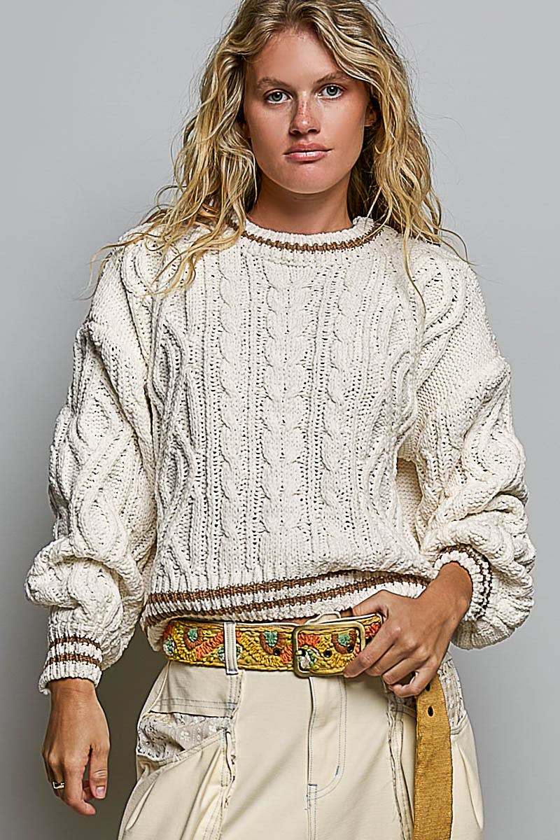 Cable Knit Crewneck Contrast Trim Sweater Top (PRE🤍ORDER)
