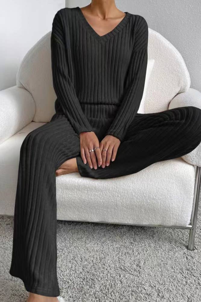 Solid Color 2pcs V Neck Rib Long Sleeves Top With Pants