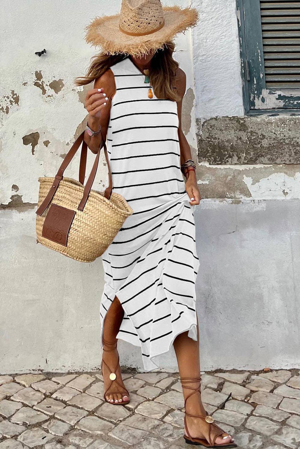 White Stripe Sleeveless Dress