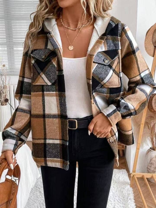 Plaid Fleece Casual Hooded Jacket