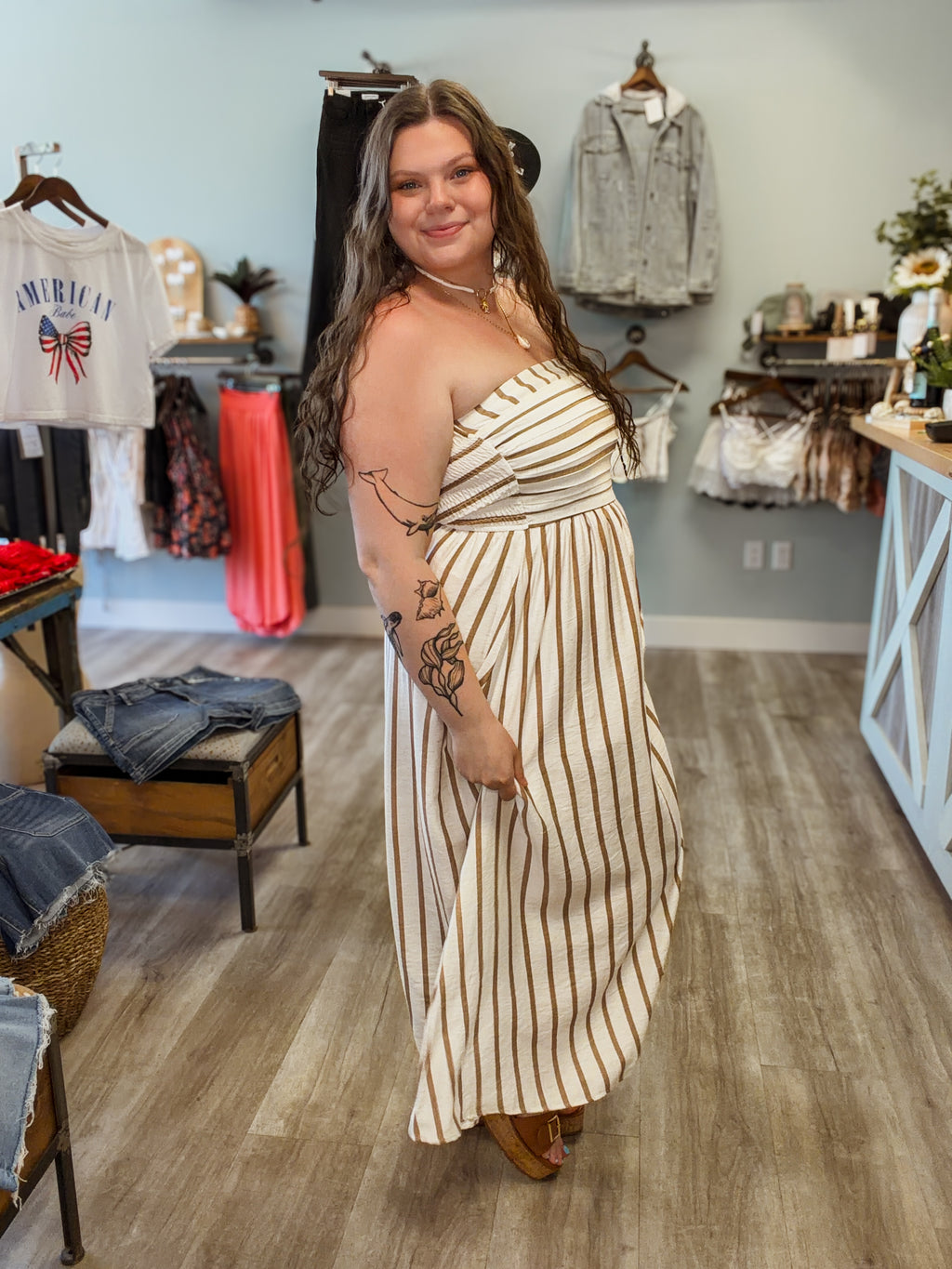 STRIPE PLEATED STRAPLESS LINEN MIDI DRESS