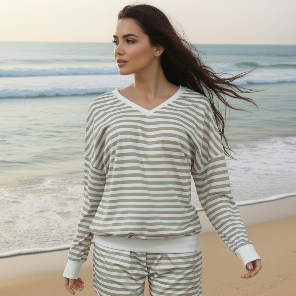 Striped V-Neck Oversized Sweatshirt And Shorts Set