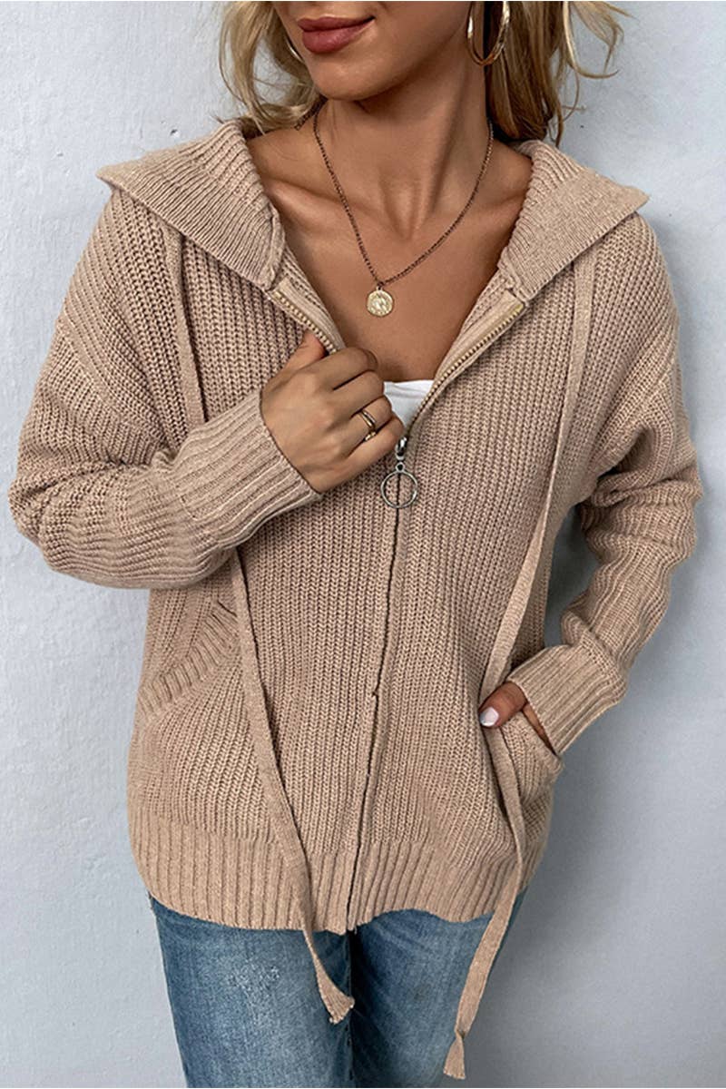 KNITTED ZIP UP HOODIE CARDIGAN