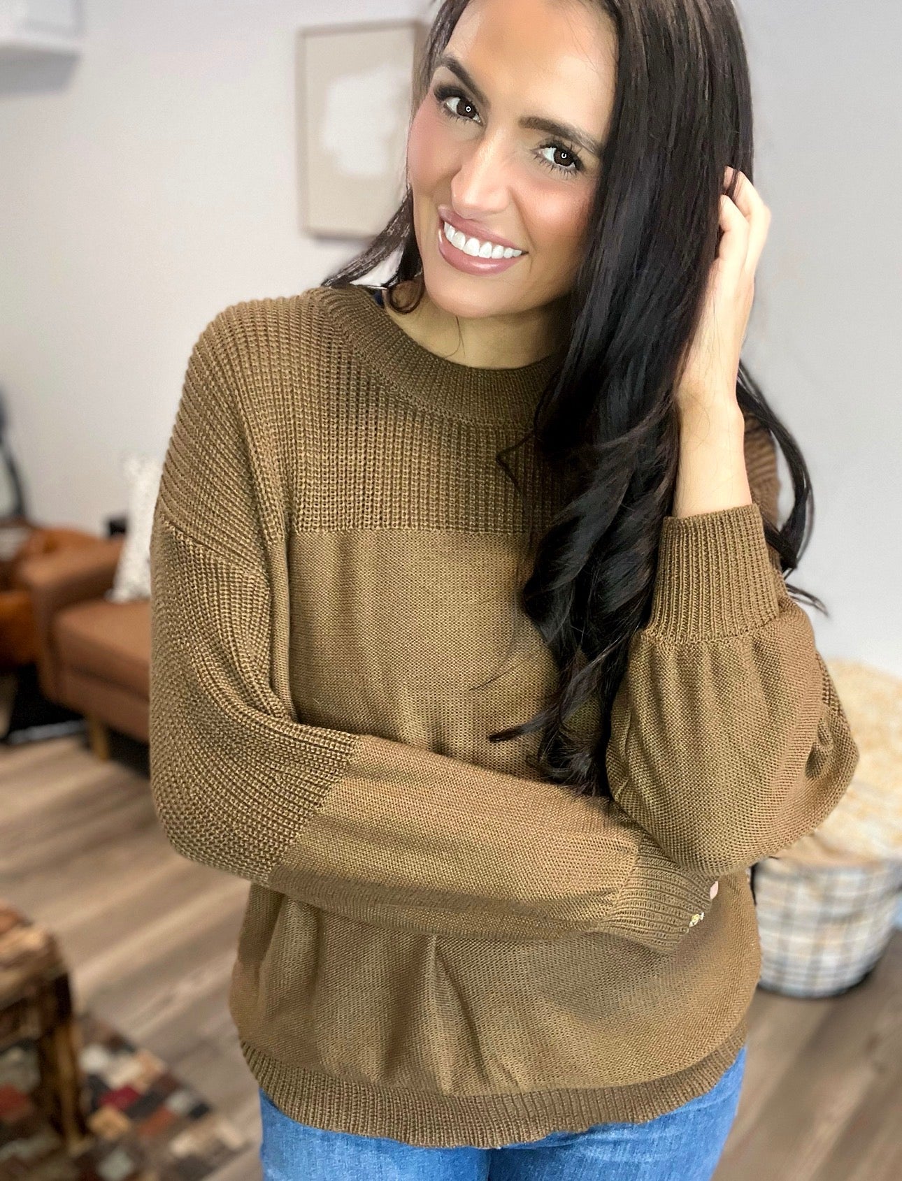 Loose solid color flat-neck knitted sweater
