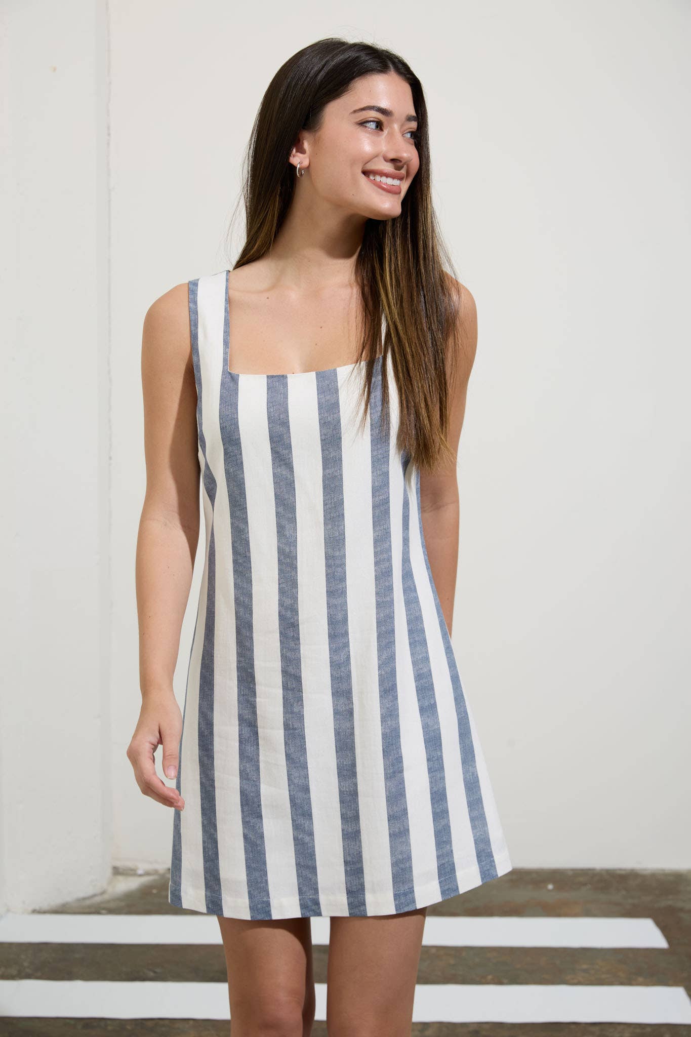 STRIPE SQUARE NECK SLEEVELESS LINEN MINI DRESS