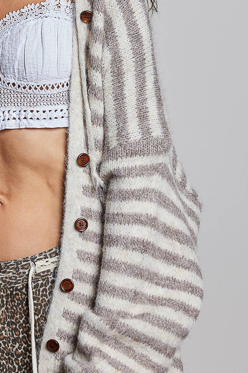 Striped Hooded Ribbed Knit Cardigan Drawstring (PRE🤍ORDER)
