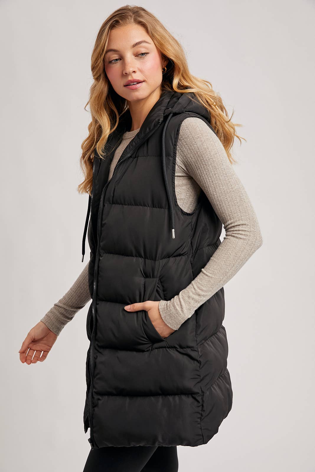 HOODED ZIPPER DOWN LONGLINE PUFFER VEST