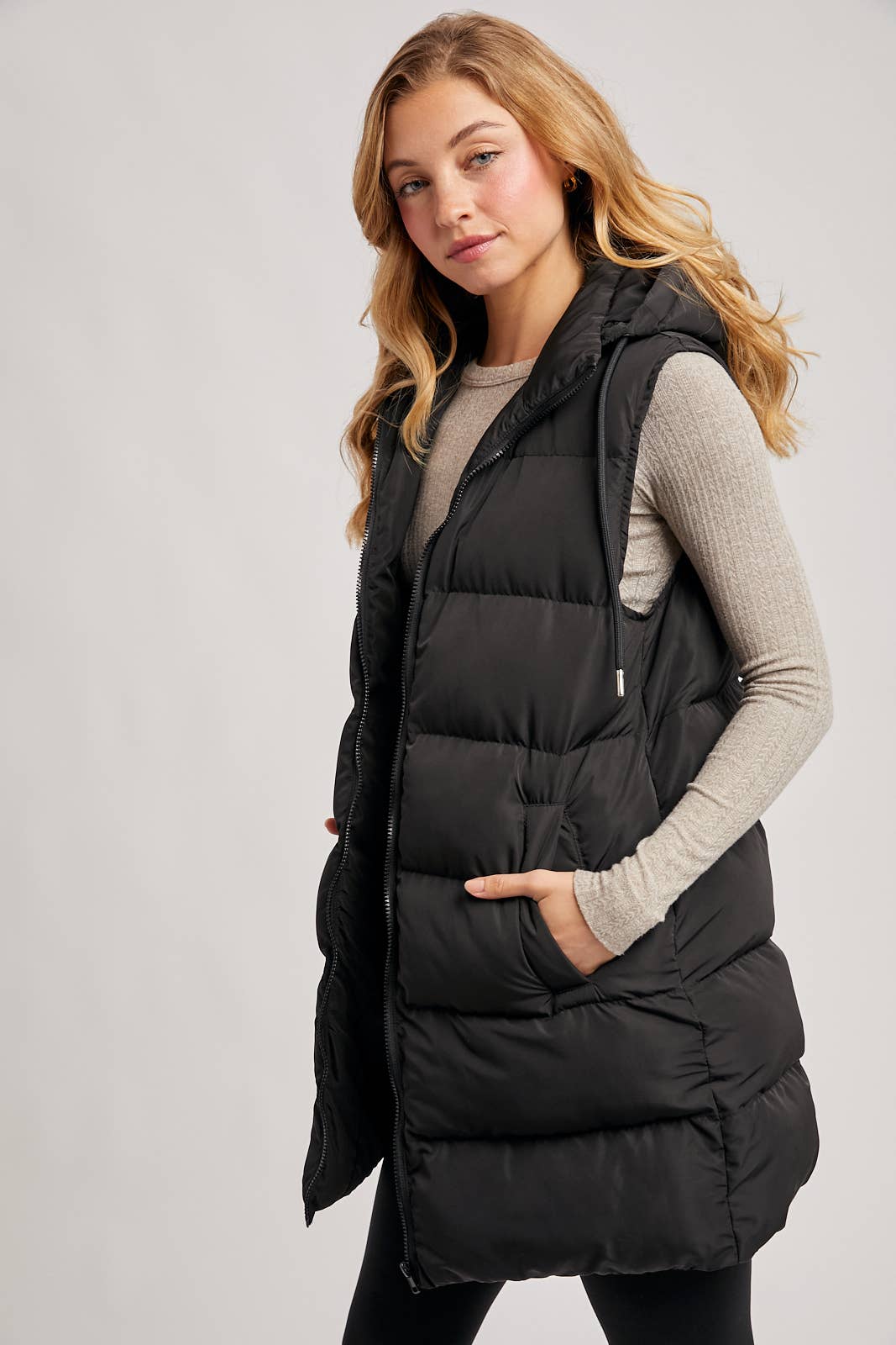 HOODED ZIPPER DOWN LONGLINE PUFFER VEST