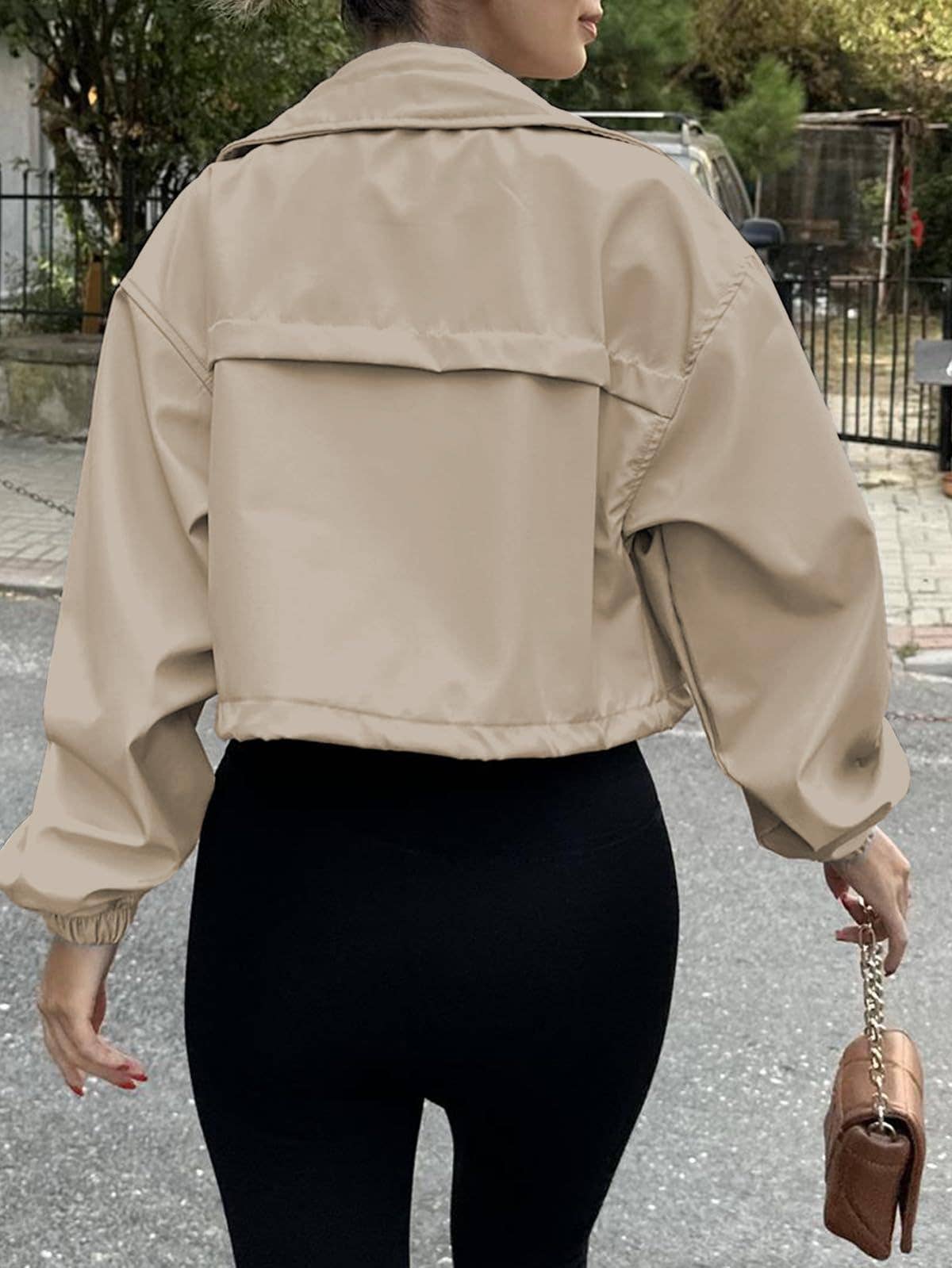 Drawstring Cropped Cargo Zipper Jacket