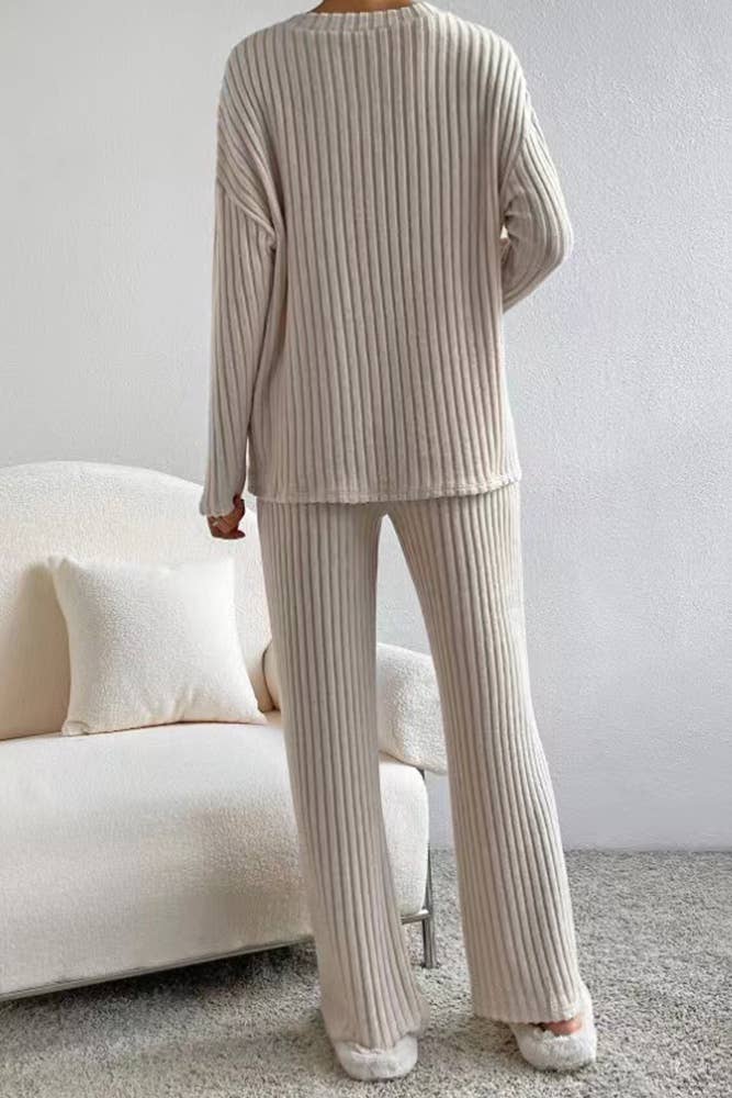 Solid Color 2pcs V Neck Rib Long Sleeves Top With Pants