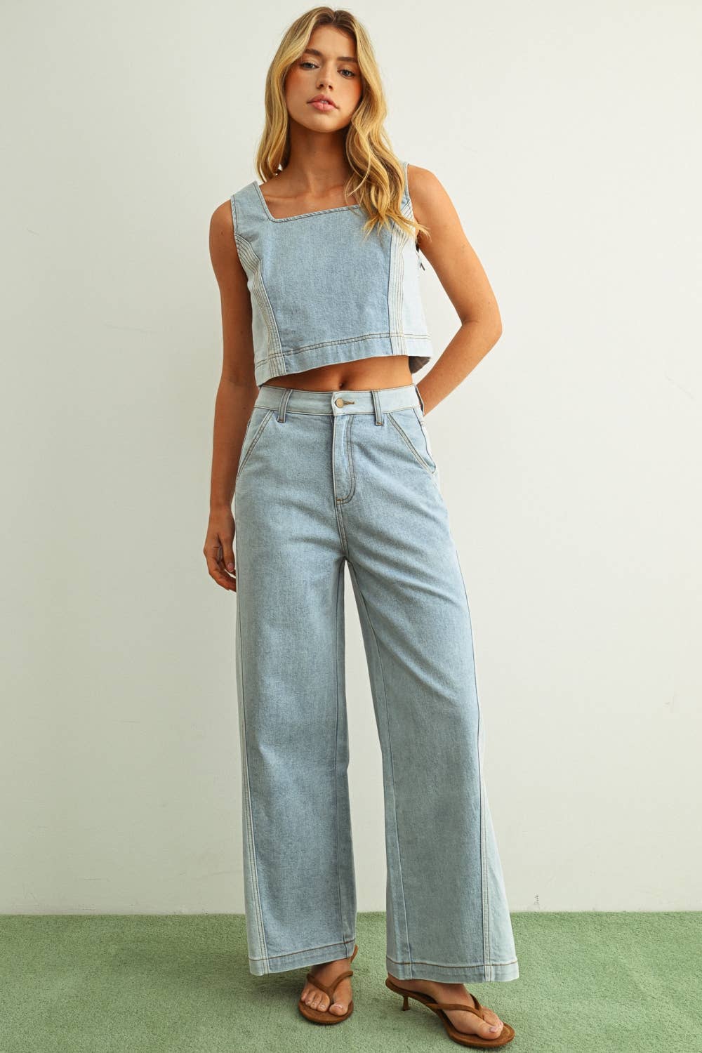 DENIM COLOR BLOCKED WIDE STRAIGHT LEG PANTS (PRE🤍ORDER)