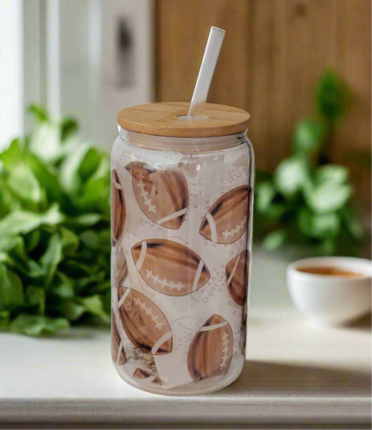 Football 16oz Glass Cup With Bamboo Lid