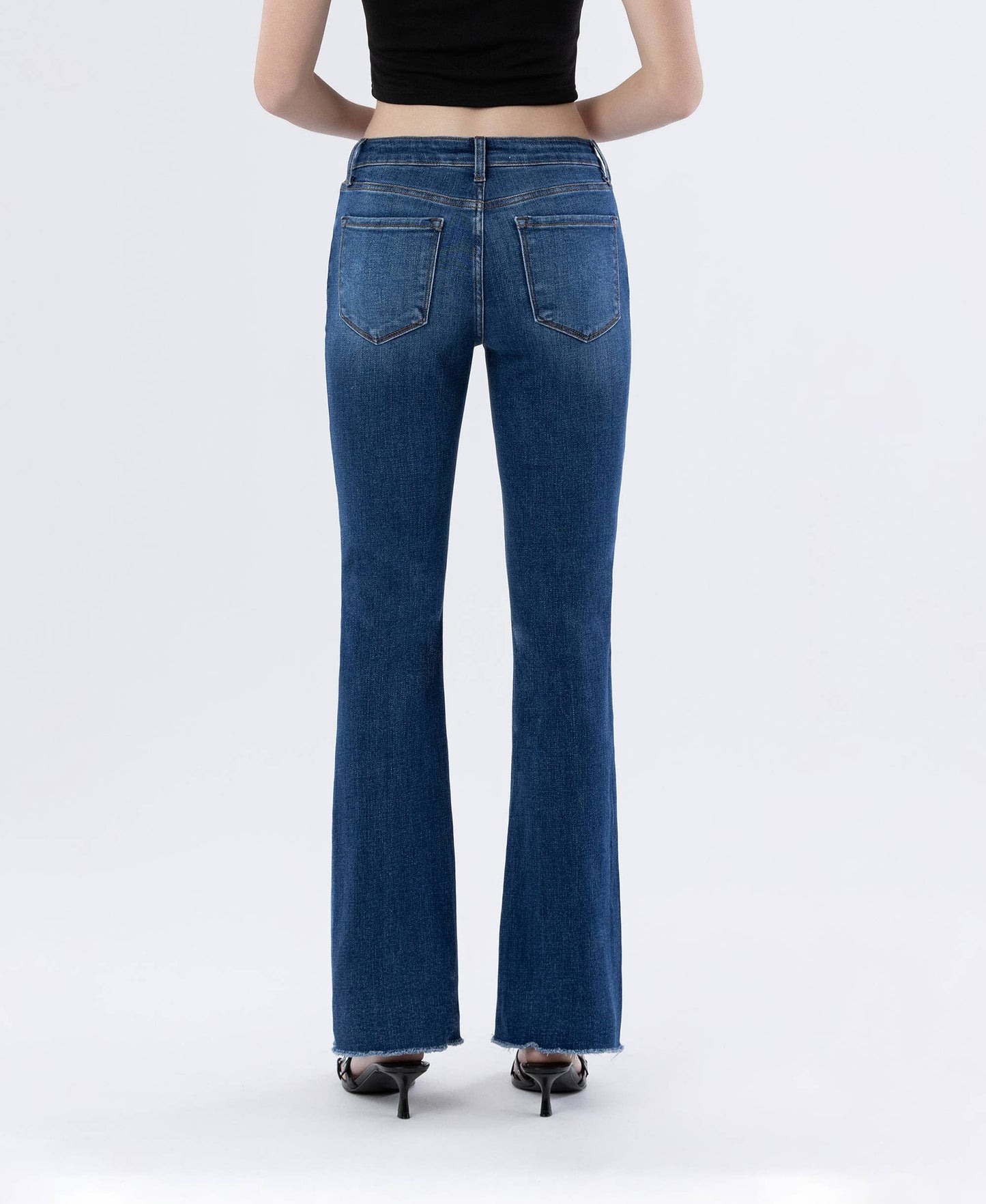 MID RISE RAW HEM DARK WASH BOOTCUT JEANS