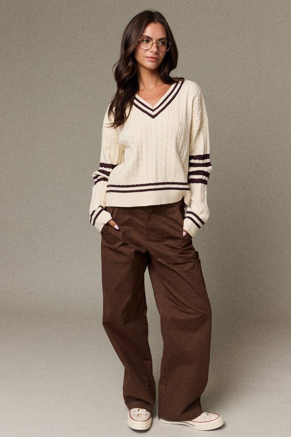Cable Knit V-Neck Varsity Sweater (PRE🤍ORDER)