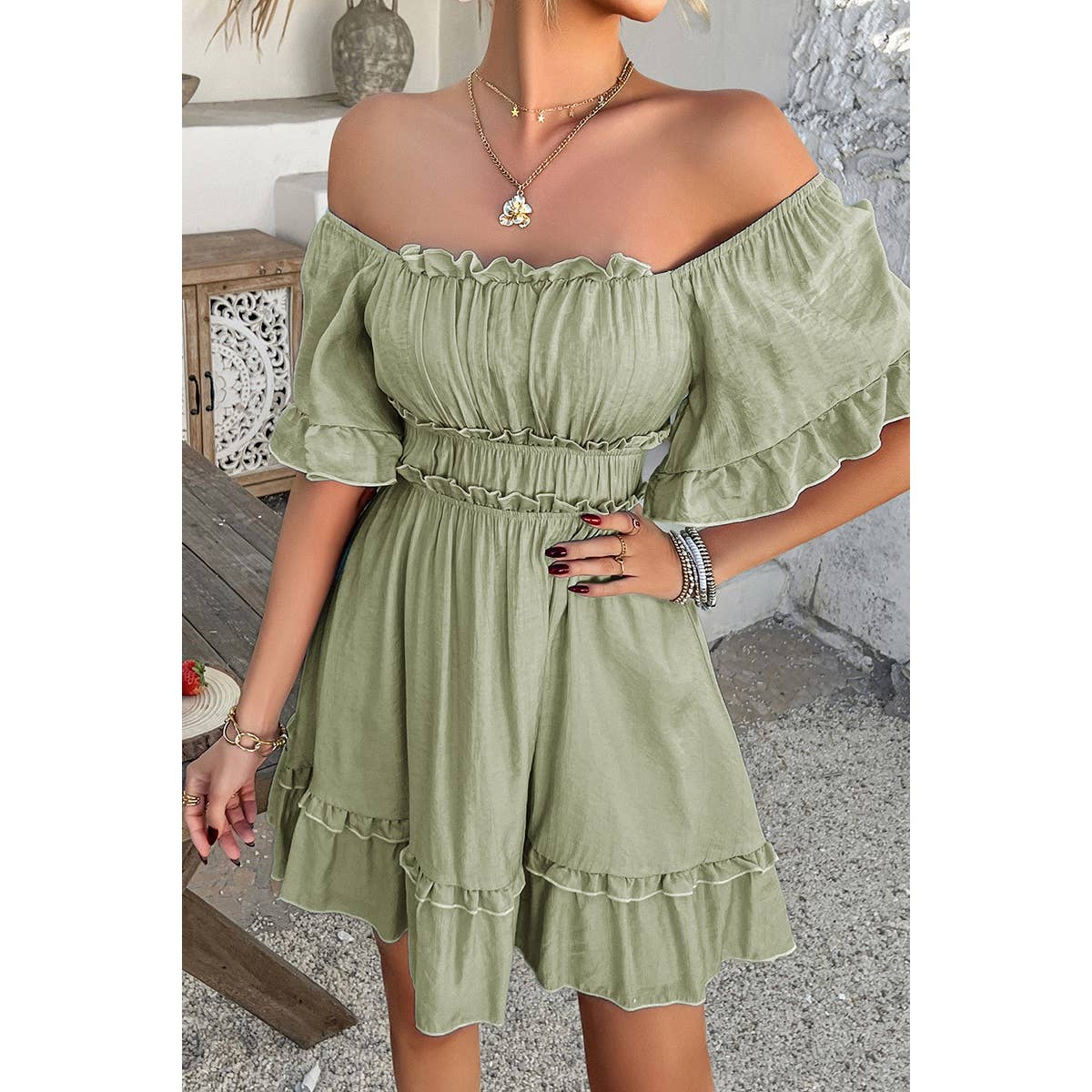Off Shoulder Square Neck Ruffle Trim Dress (PRE🤍ORDER)