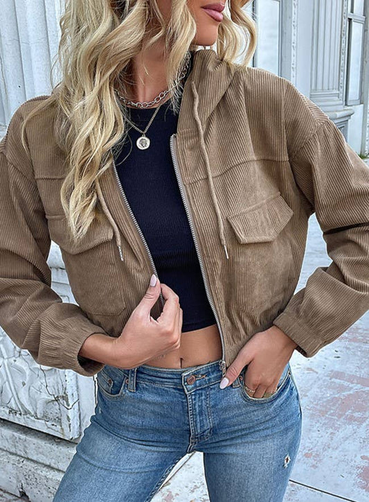 Zippered Hooded Vintage Cropped Corduroy Jacket