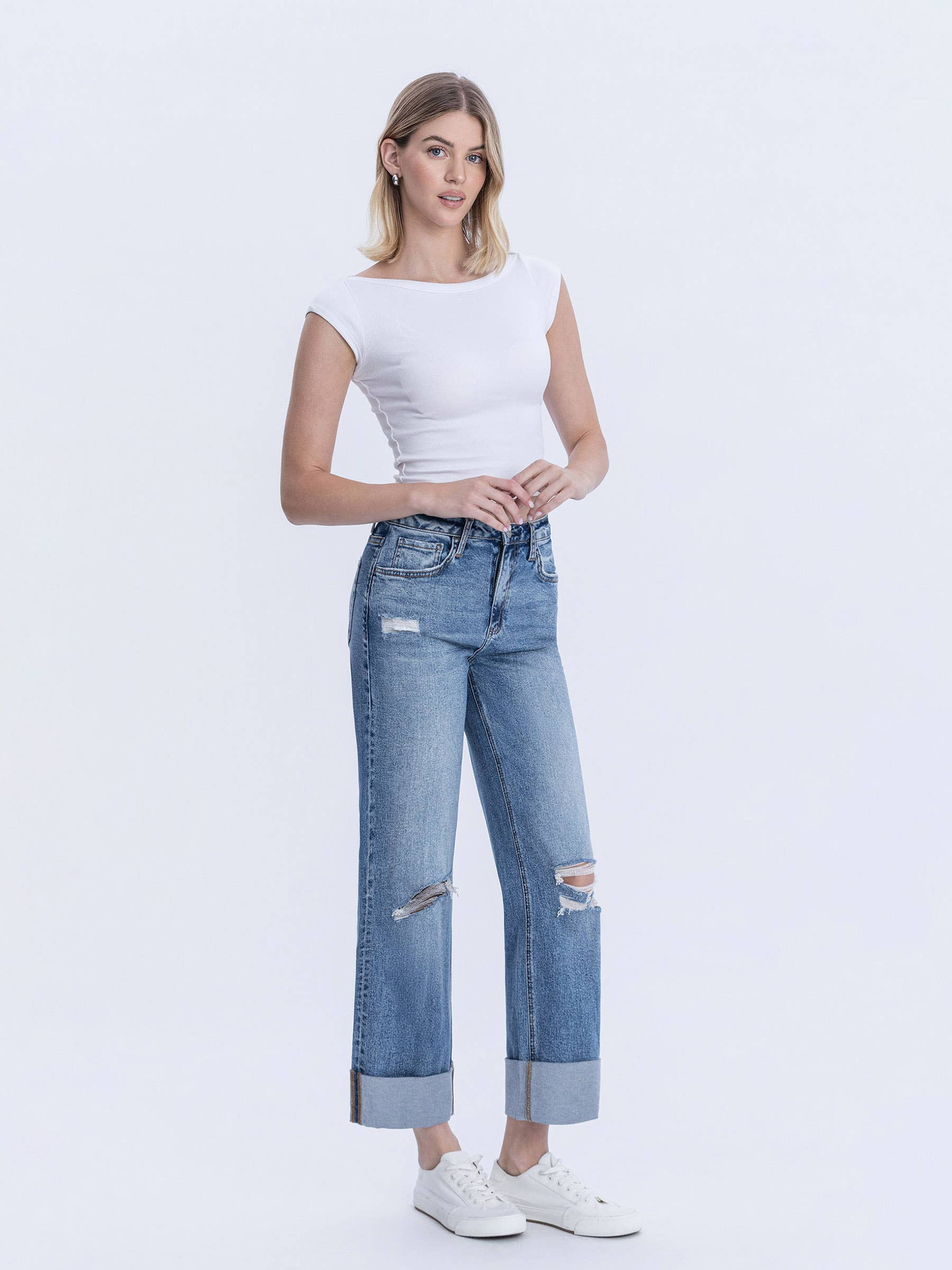 SUPER HIGH RISE DOUBLE CUFFED BAGGY WIDE JEANS