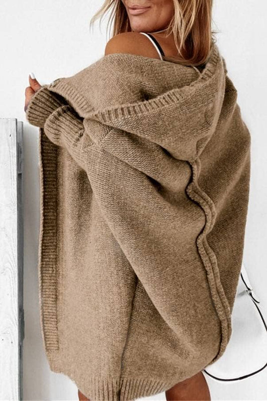 Plain exposed seam Hooded knit long cardigan coat