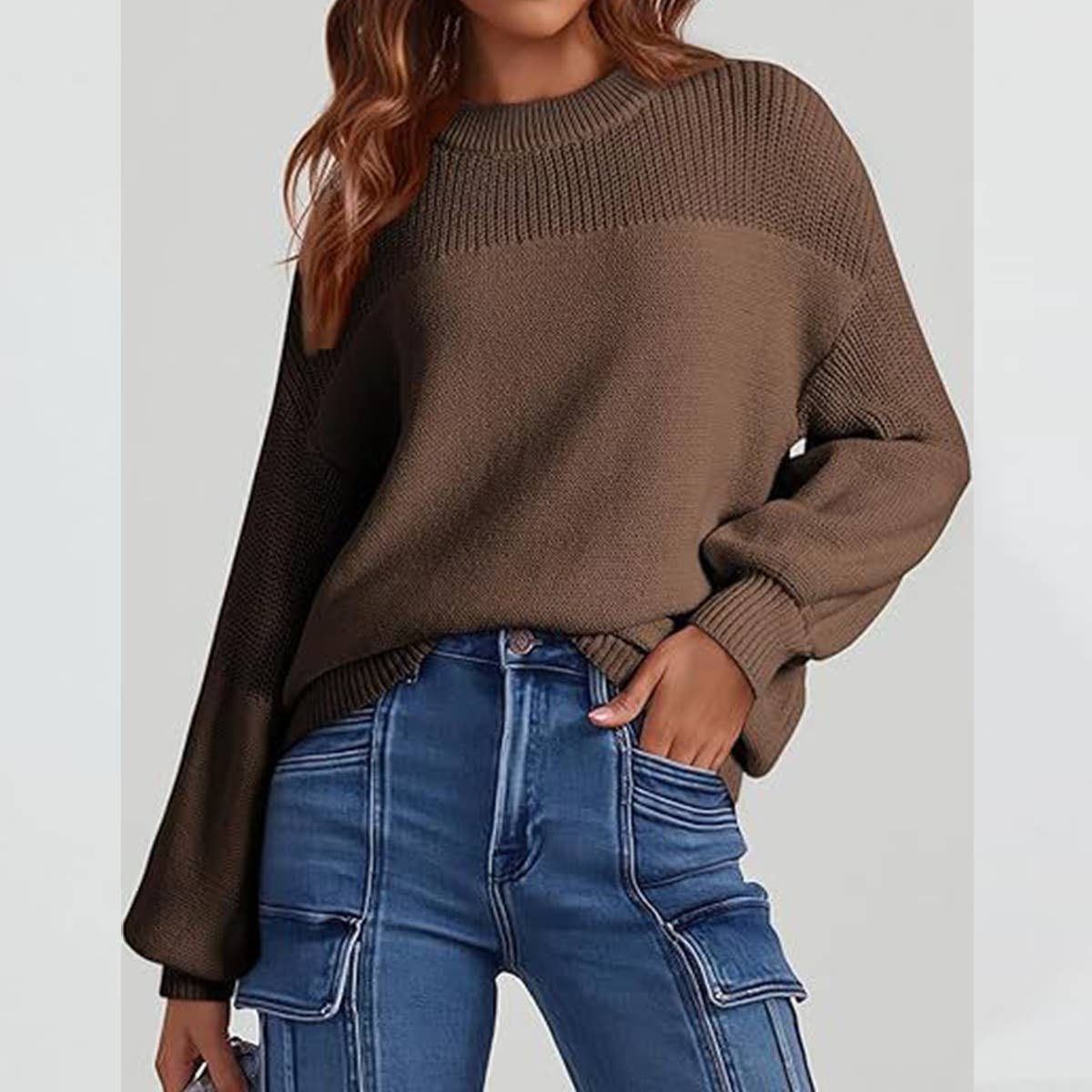 Loose solid color flat-neck knitted sweater