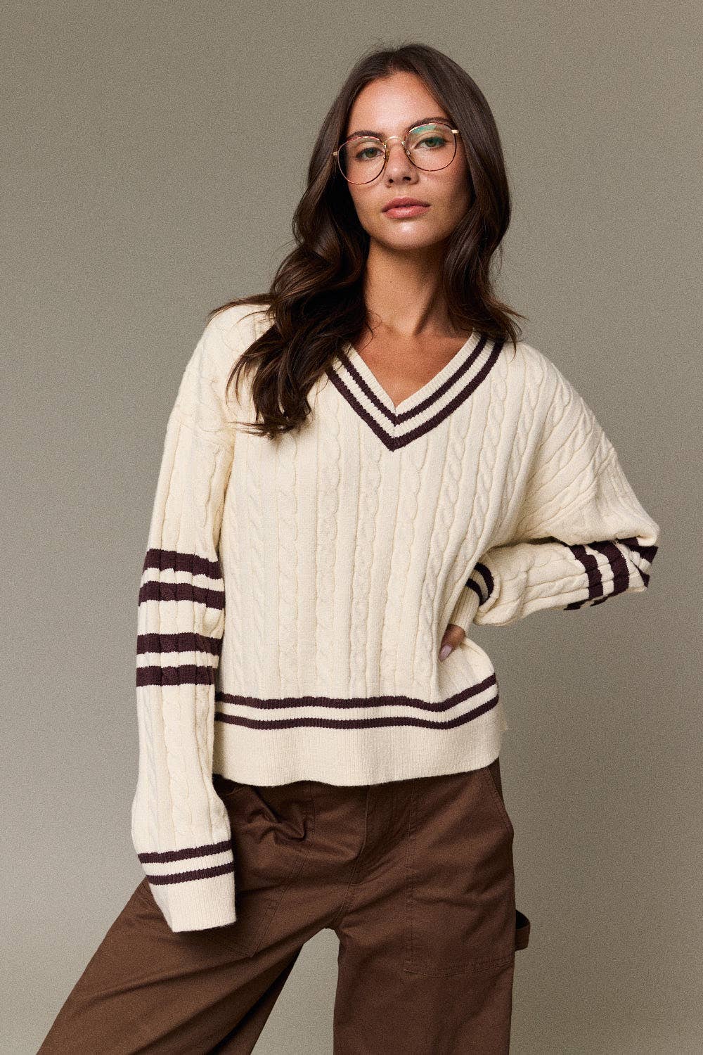 Cable Knit V-Neck Varsity Sweater (PRE🤍ORDER)