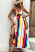 Multicolor Striped Spaghetti Strap Backless Dress