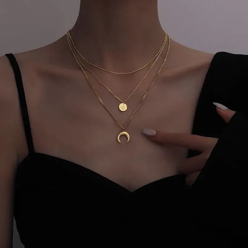 18K Gold Plated Moon & Star Layer Necklace – 3 Layers