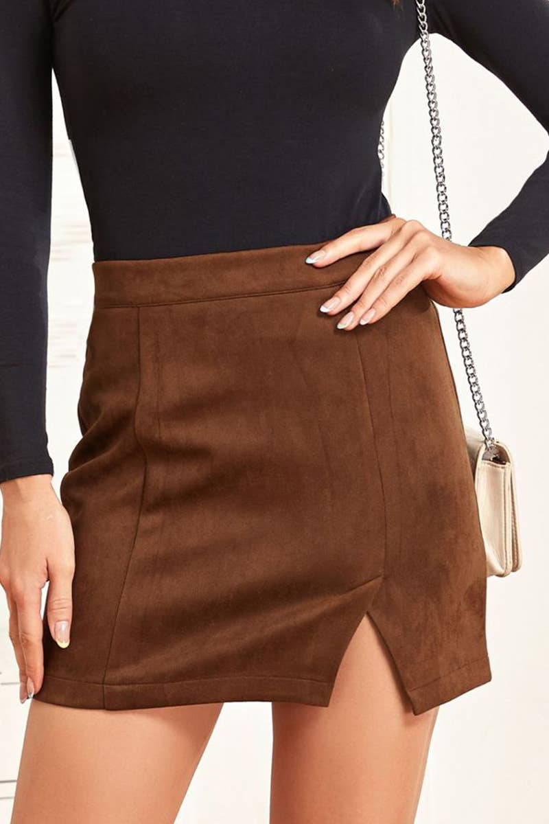 Suede wrap hip high waist zipper A-line skirt