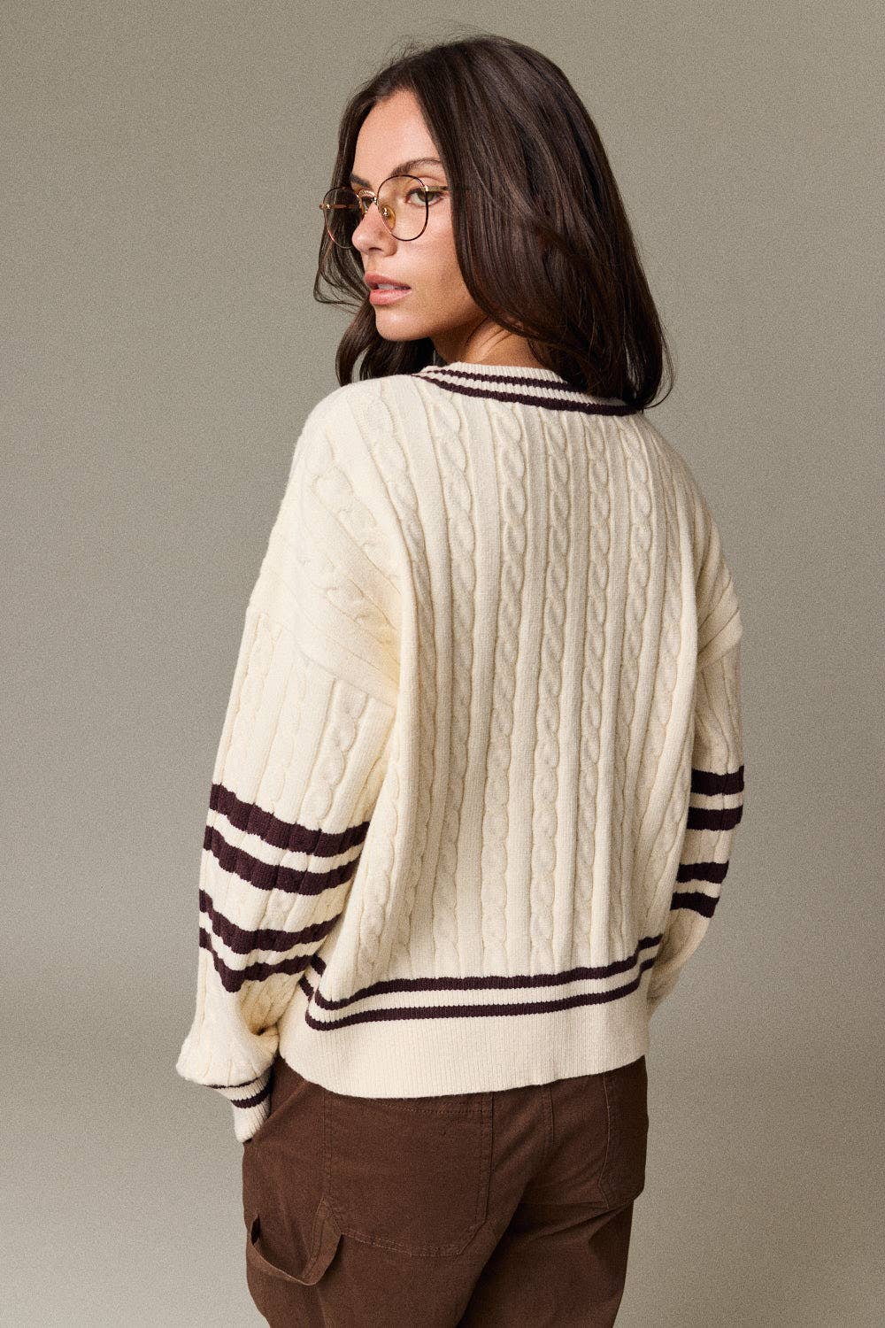 Cable Knit V-Neck Varsity Sweater (PRE🤍ORDER)