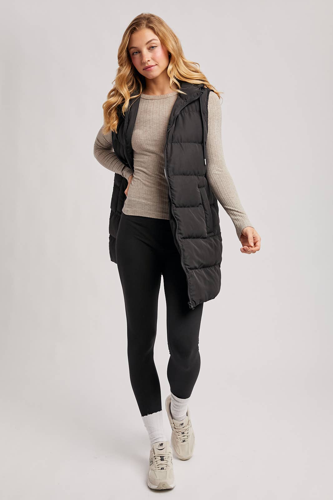HOODED ZIPPER DOWN LONGLINE PUFFER VEST