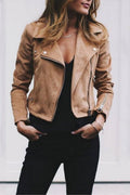 SOLID COLOR OBLIQUE ZIPPER CROP JACKET