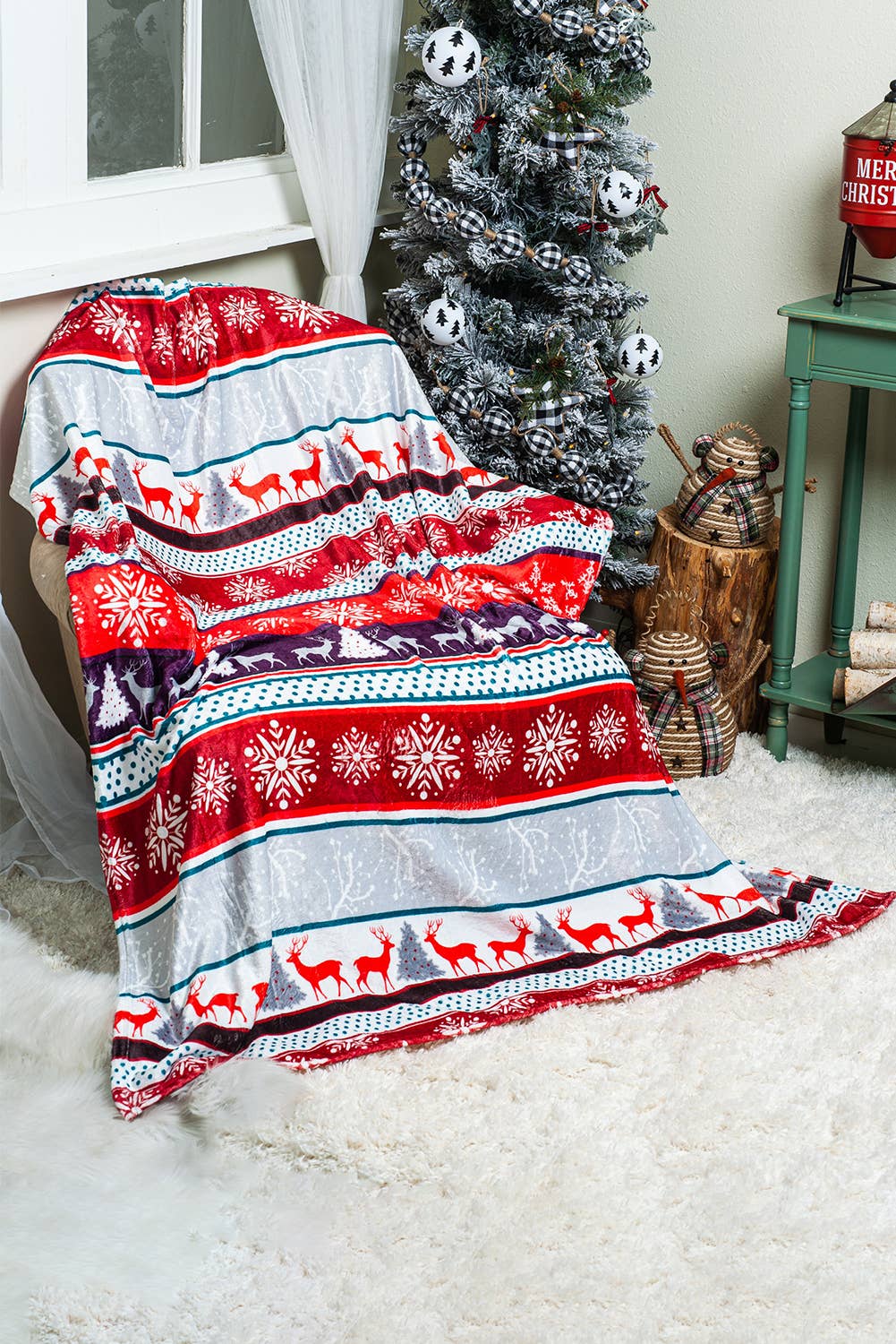 Christmas Elk Print Reversible Sherpa Fleece Blanket