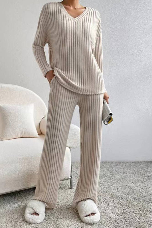 Solid Color 2pcs V Neck Rib Long Sleeves Top With Pants