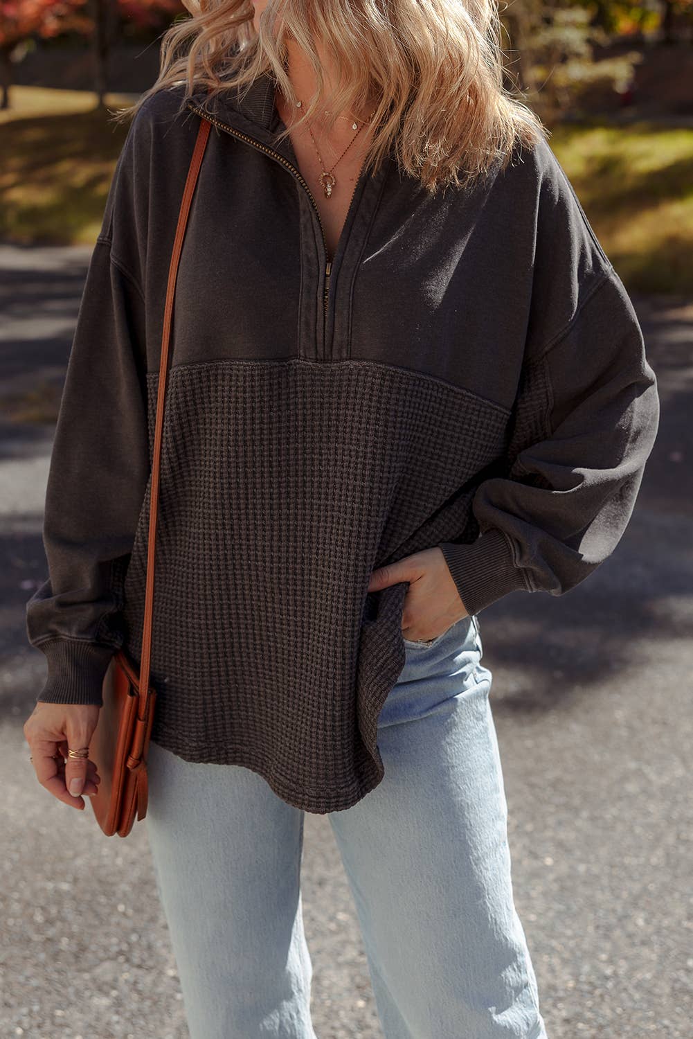 Waffle Knit Patchwork Half Zipped Casual Sweatshirt