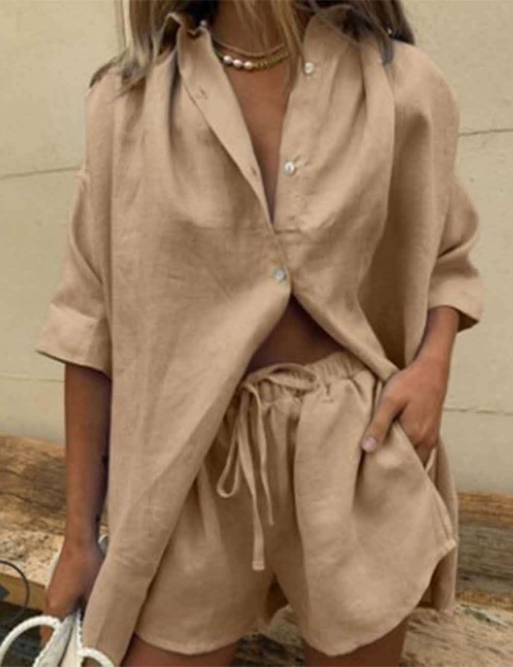 Solid Color Button Down Shirt & Shorts Set