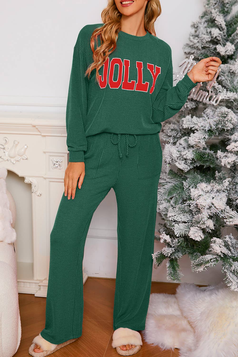JOLLY & MERRY  Corded Long Sleeve Christmas Graphic Pants Set
