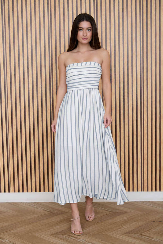 STRIPE PLEATED STRAPLESS LINEN MIDI DRESS