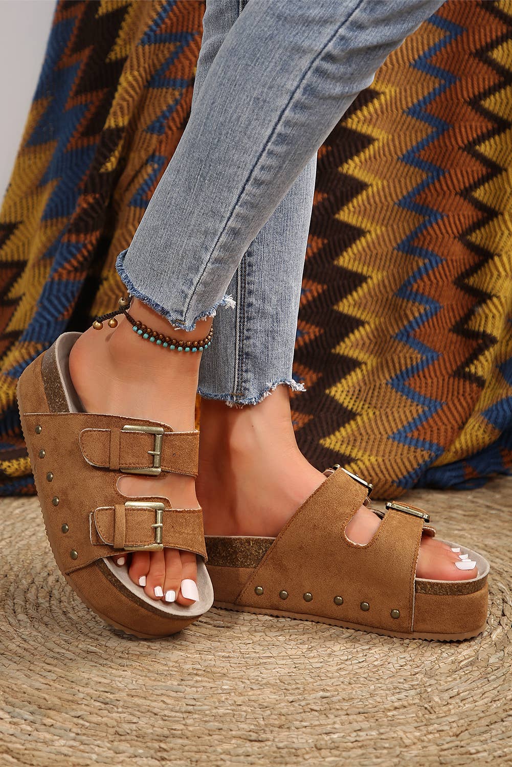 Suede Buckle Decor Footbed Sandal
