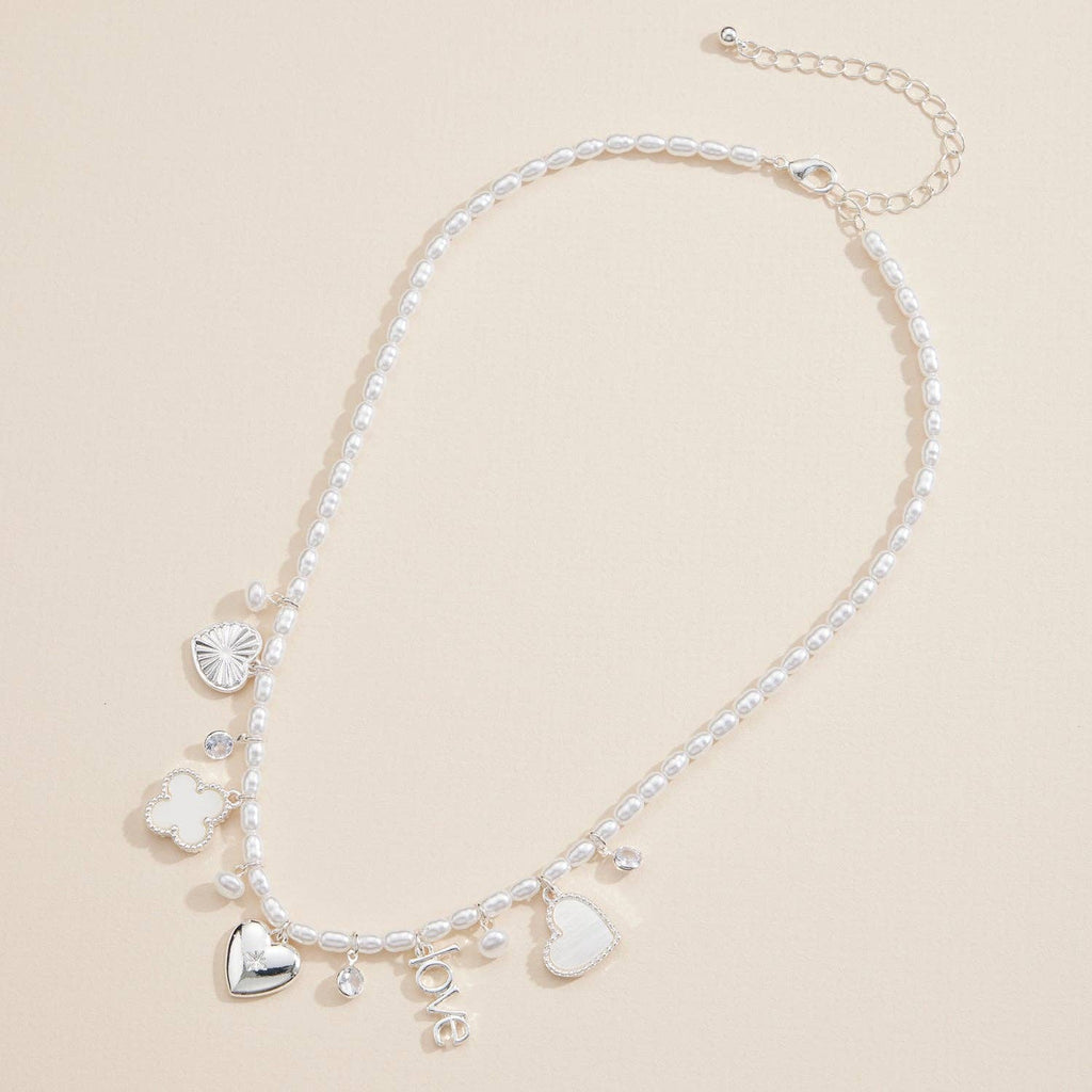 Pearl Charm Necklace with Gold & Silver Heart Pendant