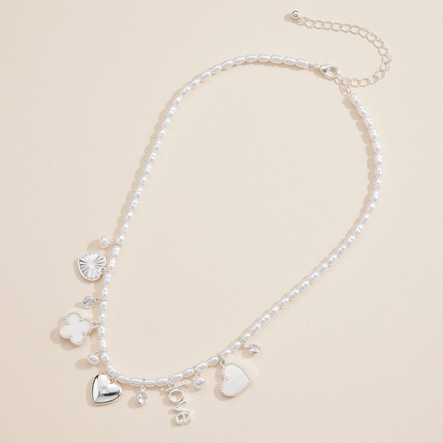Pearl Charm Necklace with Gold & Silver Heart Pendant