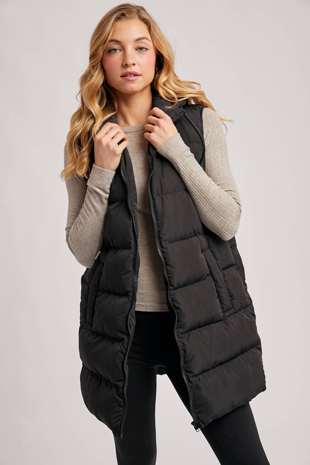 HOODED ZIPPER DOWN LONGLINE PUFFER VEST