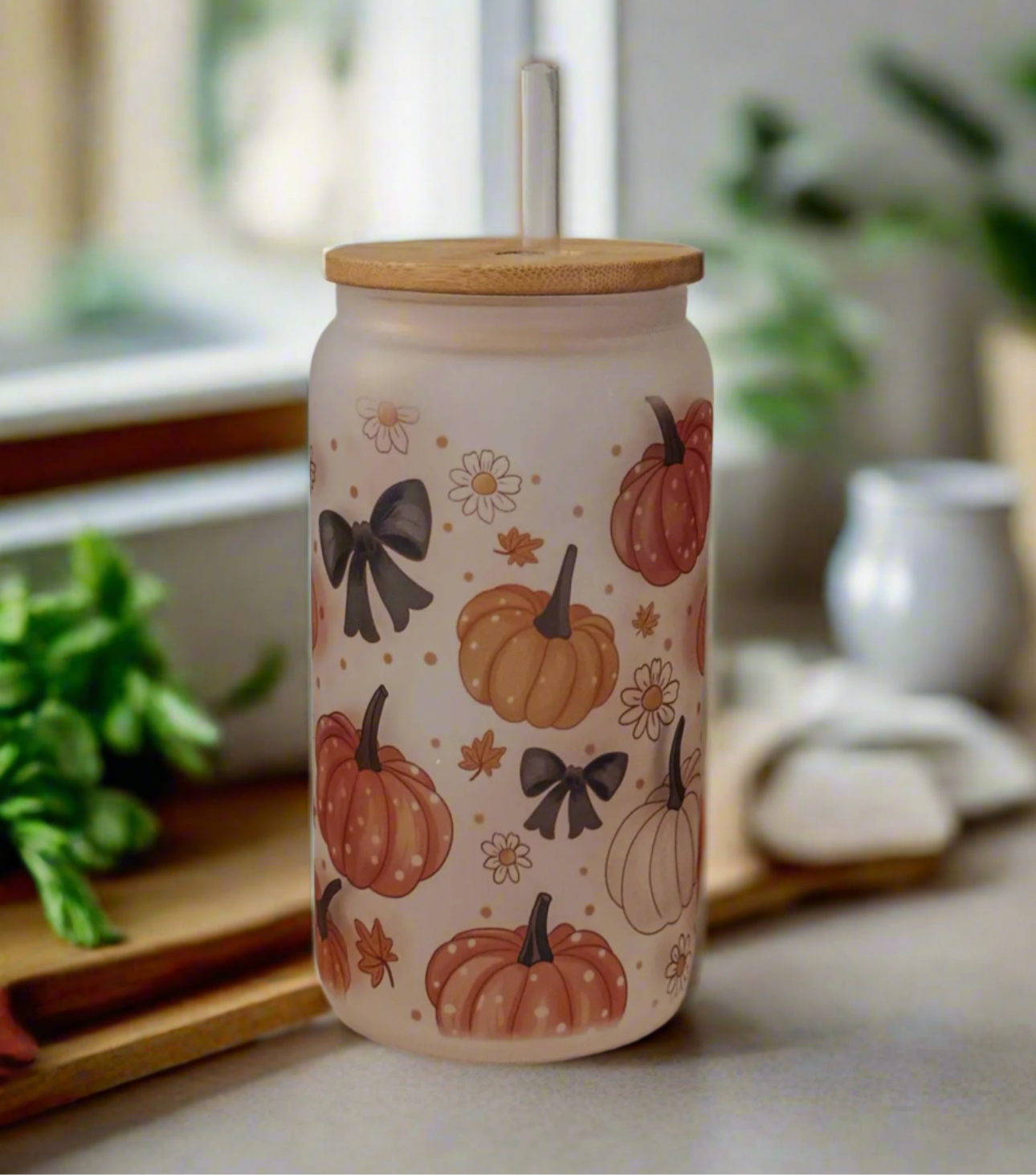 Mystical Pumpkins 16oz Glass Cup With Bamboo Lid