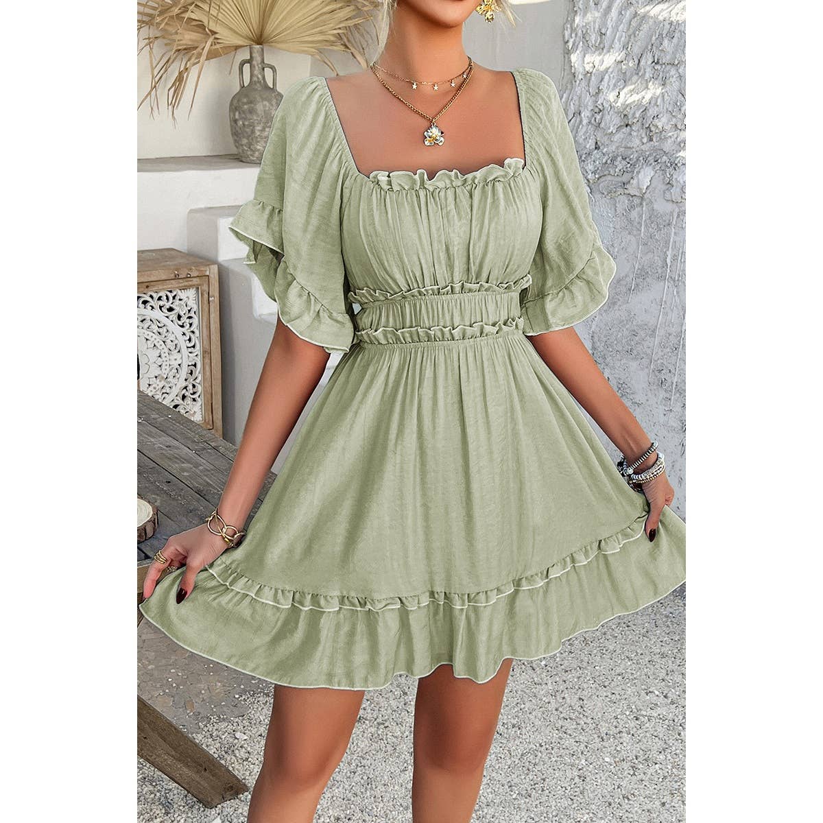 Off Shoulder Square Neck Ruffle Trim Dress (PRE🤍ORDER)