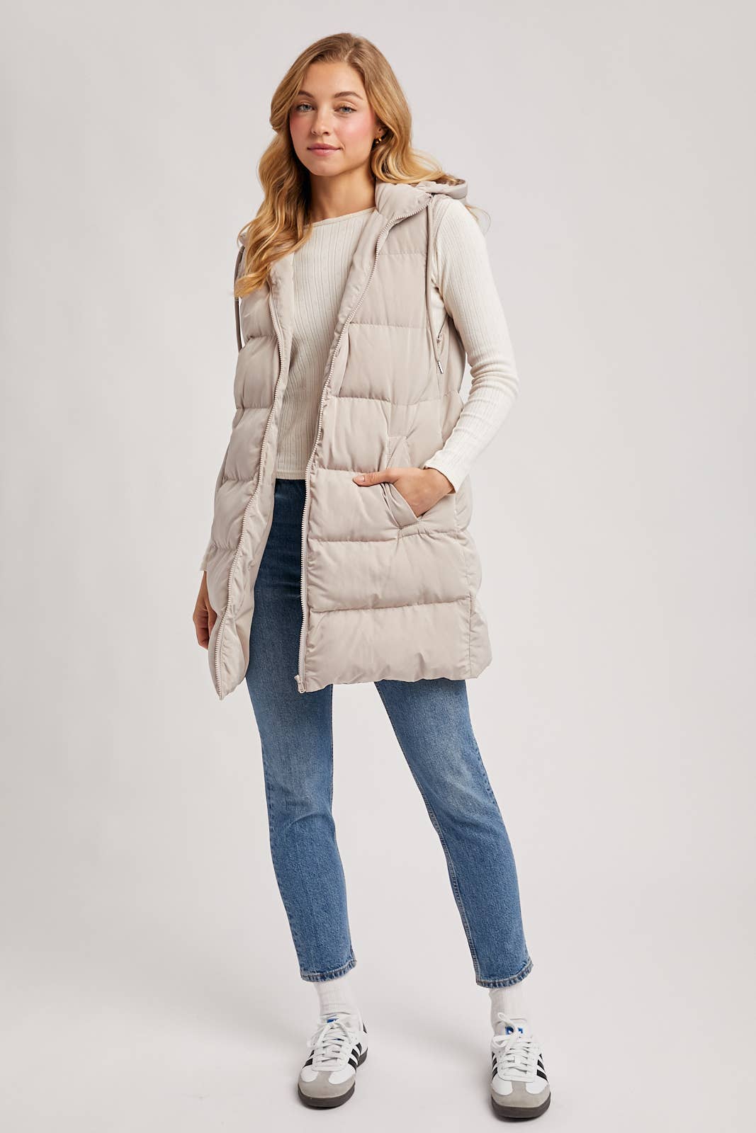 HOODED ZIPPER DOWN LONGLINE PUFFER VEST