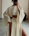 Casual Pleated Crop Top High-Waisted Slit Skirt Set
