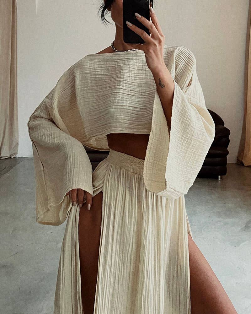 Casual Pleated Crop Top High-Waisted Slit Skirt Set