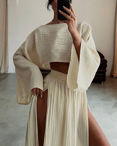 Casual Pleated Crop Top High-Waisted Slit Skirt Set