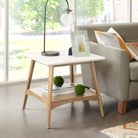 Midcentury Natural Wood Side Table with Bottom Shelf